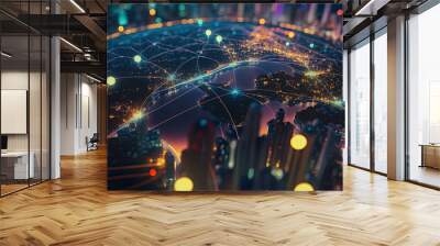 High tech data network color grids over miniature cityscape with sunrise with cinematic coloring created with Generative AI technology Wall mural