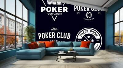 Poker related labels emblems badges design elements set. Texas holdem poker club tournament logotype collection. Wall mural