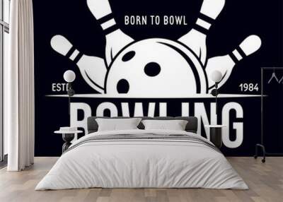 Vector vintage monochrome style bowling logo, icon, symbol. Bowling ball and bowling pins illustration. Trendy design elements. Wall mural