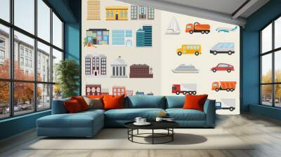 City building elements and transport elements color flat icons set Wall mural