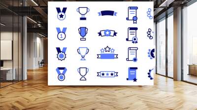 Set of awards and medals. Business Rewards. Icons in two colors about awards. Contains such icons as medal, trophy, awards ribbon, achievement, laurel wreath, diploma and certificate. Editable stroke Wall mural