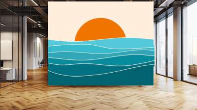 sunset landscape boho 70's style retro graphic design, blue water ocean waves with abstract vintage  Wall mural