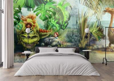 boy and woman in the jungle, dinosaurs, monstera leaves, tropical plants Wall mural