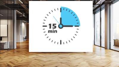 15 minutes on stopwatch icon in flat style. Clock face timer vector illustration on isolated background. Countdown sign business concept. Wall mural