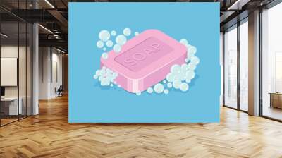 Bar of soap with foam icon in flat style. Cosmetic product for hygienic vector illustration on isolated background. Toiletries sign business concept. Wall mural