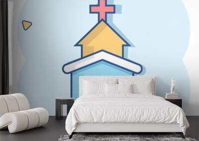 Church icon in comic style. Chapel vector cartoon illustration on white isolated background. Religious building business concept splash effect. Wall mural