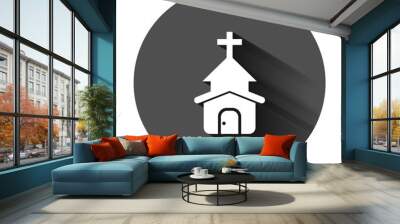 Church icon in flat style. Chapel vector illustration on black round background with long shadow. Religious building business concept. Wall mural