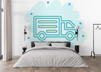 Delivery truck sign icon in comic style. Van vector cartoon illustration on white isolated background. Cargo car business concept splash effect. Wall mural