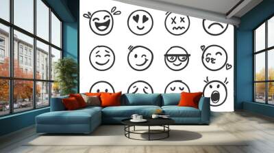 Emojis faces icon in hand drawn style. Doddle emoticons vector illustration on isolated background. Happy and sad face sign business concept. Wall mural