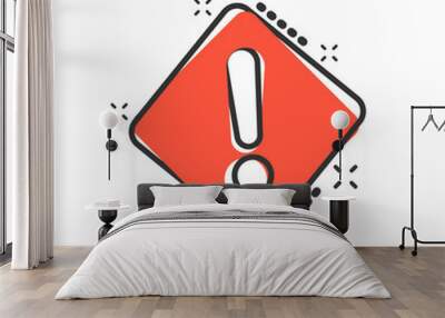 Exclamation mark icon in comic style. Danger alarm vector cartoon illustration pictogram. Caution risk business concept splash effect. Wall mural