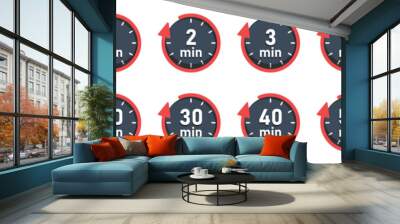 From 30 seconds to 60 minutes on stopwatch icon in flat style. Clock face timer vector illustration on isolated background. Countdown sign business concept. Wall mural