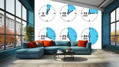 From 5 minutes to 30 minutes on stopwatch icon in flat style. Clock face timer vector illustration on isolated background. Countdown sign business concept. Wall mural