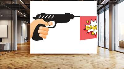 Hand holding pistol gun with bang text icon in flat style. Firearm symbol vector illustration on isolated background. Rifle ammo sign business concept. Wall mural