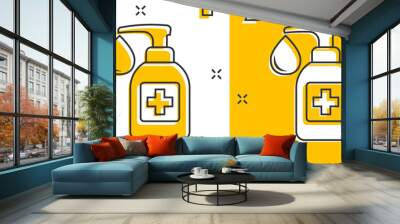 Hand sanitizer icon in comic style. Antiseptic bottle cartoon vector illustration on isolated background. Disinfect gel splash effect sign business concept. Wall mural