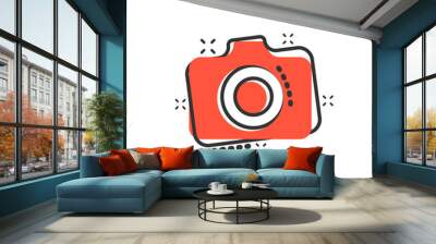 Photo camera icon in comic style. Photographer cam equipment vector cartoon illustration pictogram. Camera business concept splash effect. Wall mural