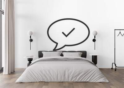 Speak chat sign icon in flat style. Speech bubble with check mark vector illustration on white isolated background. Team discussion button business concept. Wall mural