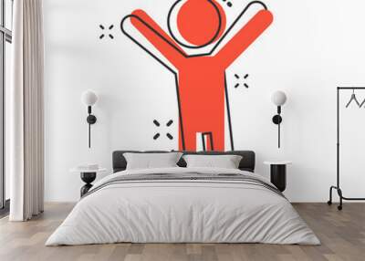 Vector cartoon happy man with hands up icon in comic style. People happy sign illustration pictogram. Man business splash effect concept. Wall mural