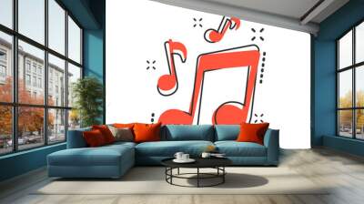 Vector cartoon music icon in comic style. Sound note sign illustration pictogram. Melody music business splash effect concept. Wall mural