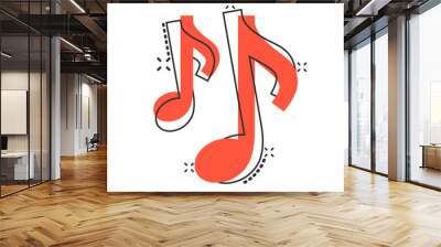 Vector cartoon music note icon in comic style. Sound media concept illustration pictogram. Audio note business splash effect concept. Wall mural