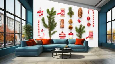 Christmas composition made of christmas decoration on white background. Flat lay, top view. Wall mural