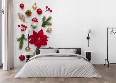 Christmas composition. Border made of christmas decoration on white background. Flat lay, top view. Wall mural