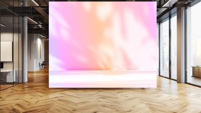 Abstract gradient pink studio background for product presentation. Empty room with shadows of window and flowers and palm leaves . 3d room with copy space. Summer concert. Blurred backdrop. Wall mural