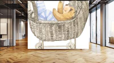 cartoon little bear cub illustration baby carriage isolated on white Wall mural