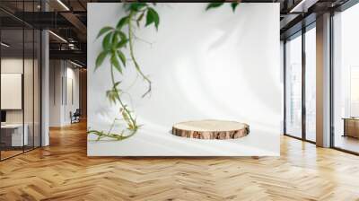 Natural round wooden stand for presentation and exhibitions on white background with shadow. Mock up 3d empty podium with green leaves for organic cosmetic product. Copy space. Wall mural