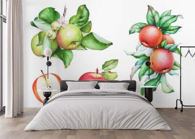 Watercolor hand drawn apple tree branches with apples and leaves Wall mural