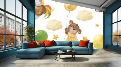 Watercolor pattern cute animals on hot air balloons Wall mural