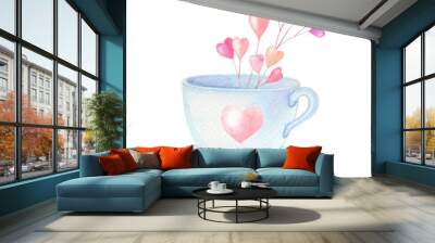 Watercolor Cup with pink hearts.Watercolour isolated image on a white background. Wall mural