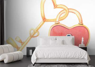 Watercolor lock in the form of a red heart and a key on a white background. Wall mural