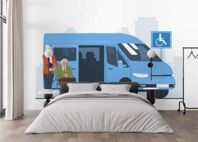 An elderly woman pushes an elderly man in a wheelchair into a van. Vector illustration. Wall mural