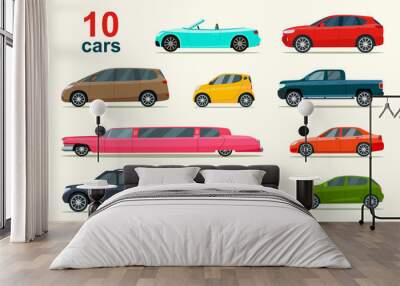 Big set of different models of cars. Vector flat style  illustration Wall mural