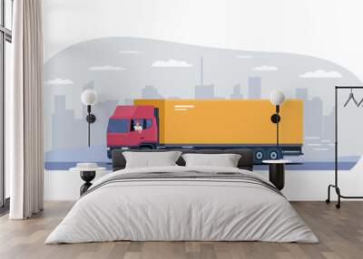 Big truck with a driver rides on the background of an abstract cityscape. Vector illustration. Wall mural