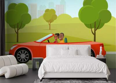 Cabriolet with couple side view.Funny  afro american family driving in red car on weekend holiday. Vector flat style illustration Wall mural