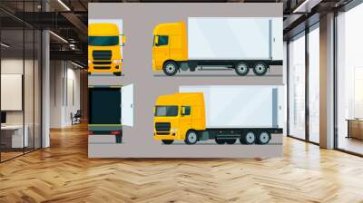 Cargo truck four angle set. Truck with open cargo door . Side, back and front view. Vector flat style illustration. Wall mural