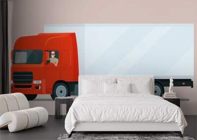 Cargo truck with a face masked driver isolated. Vector flat style illustration. Wall mural