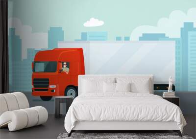 Cargo truck with a face masked driver on the background of an abstract cityscape. Vector flat style illustration. Wall mural