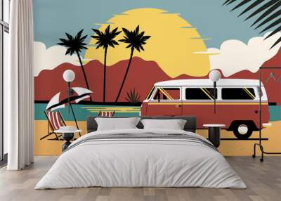 Classic van on background of abstract tropical landscape. Vector flat style illustration. Wall mural