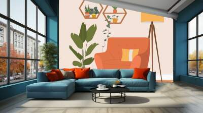 Comfortable chair, lamp and house plants. Vector flat illustration Wall mural