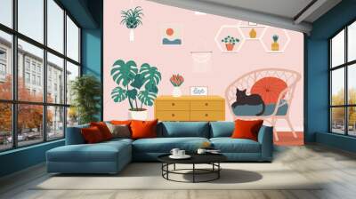 Comfortable rattan chair and house plants. Vector flat style illustration. Wall mural