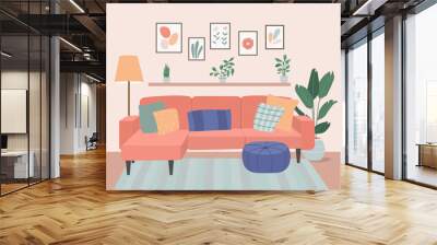 Comfortable sofa with pillow, bookcase and house plants. Vector flat illustration Wall mural