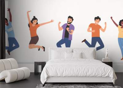 Different young women and men jumped up. People stand full body. Flat style cartoon vector illustration. Wall mural