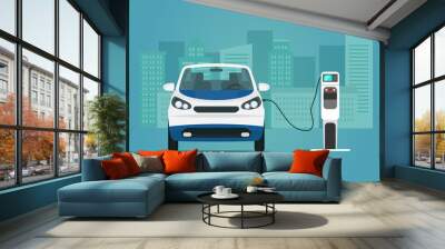 Electric micro car isolated. Electric car is charging, front view. Vector flat style illustration. Wall mural