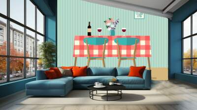 flat retro table with red wine and two glasses. vector illustration Wall mural