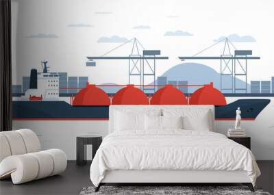 Gas carrier ship against the background of a container terminal. Vector illustration. Wall mural