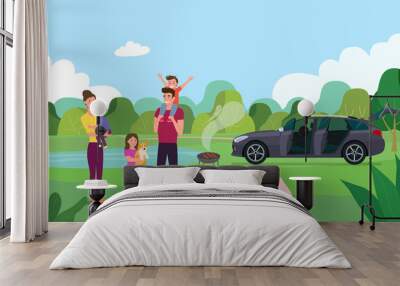 Happy family having picnic in the forest. Vector flat illustration. Wall mural