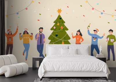 Happy young full body women and men next to the Christmas tree. Party people under confetti. Vector illustration. Wall mural