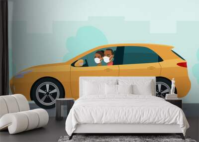 Hatchback car with a young man and woman in a medical mask driving on a background of abstract cityscape. Vector flat style illustration. Wall mural